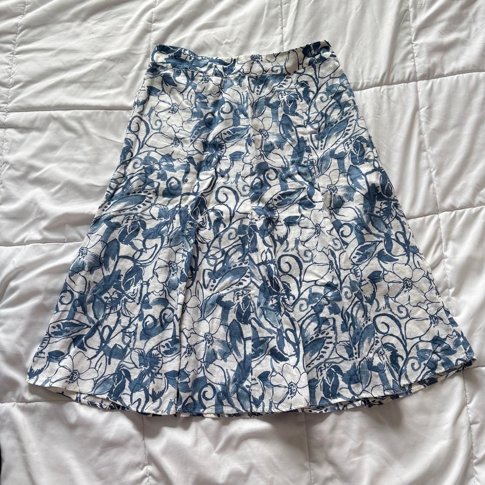 JM Collection Blue White Floral 100% Linen A-Line Midi Skirt Womens 8 Luxury
